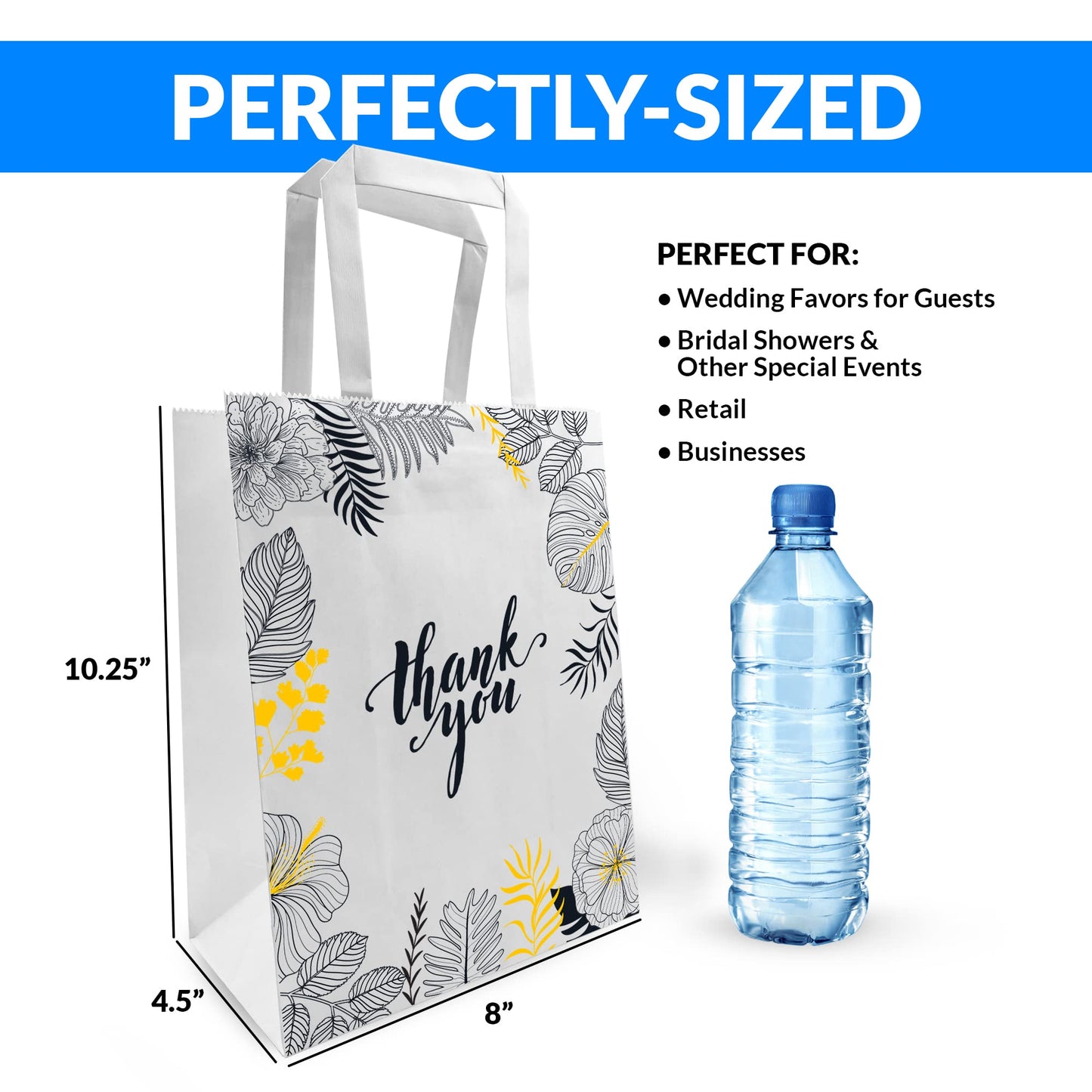 Reli. Paper Bags | 110 Pcs Bulk | 8"x4.5"x10.25" | Paper Thank You Bags | White Handles | Printed Small Thank You Giftbag for Guests | Gifts, Wedding, Merchandise, Business