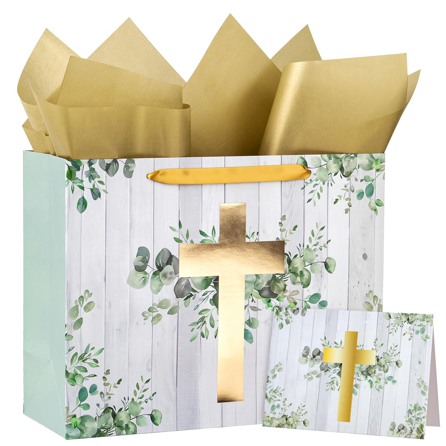 WRAPAHOLIC 13" Large Religious Gift Bag with Card and Tissue Paper - Gold Foil Eucalyptus Cross Design for First Communion, Easter, Baby Baptisms, Christenings