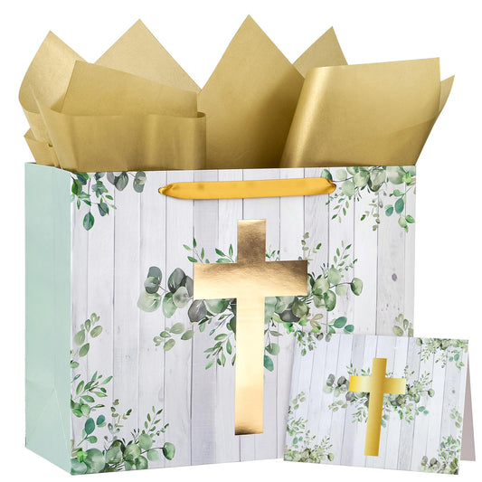 WRAPAHOLIC 13" Large Religious Gift Bag with Card and Tissue Paper - Gold Foil Eucalyptus Cross Design for First Communion, Easter, Baby Baptisms, Christenings