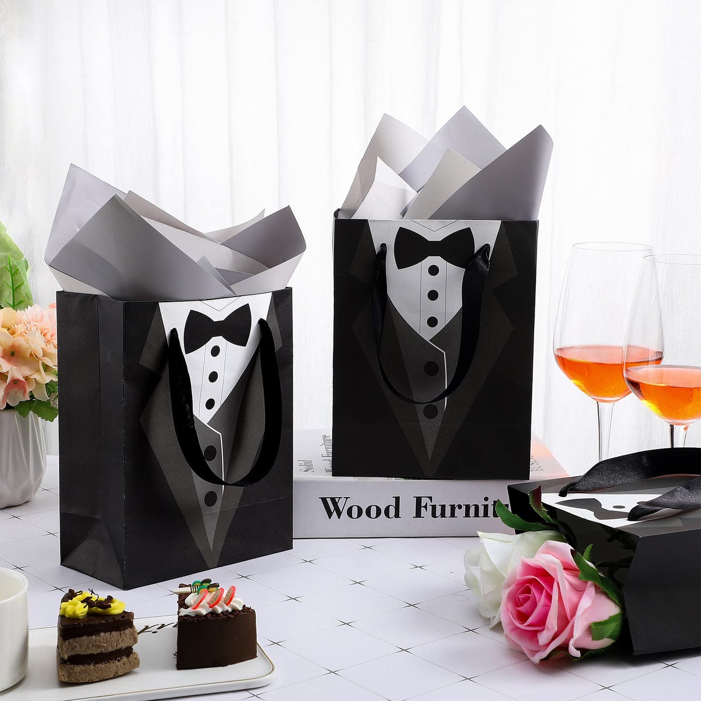 Sinmoe 24 Pieces 7 Inches Groomsmen Gift Bags Tuxedo Treat Bags Wedding Party Favor Black Tie Shirt Pattern Paper Present Wraps for Wedding Father's Birthday Anniversary Goodies Treats