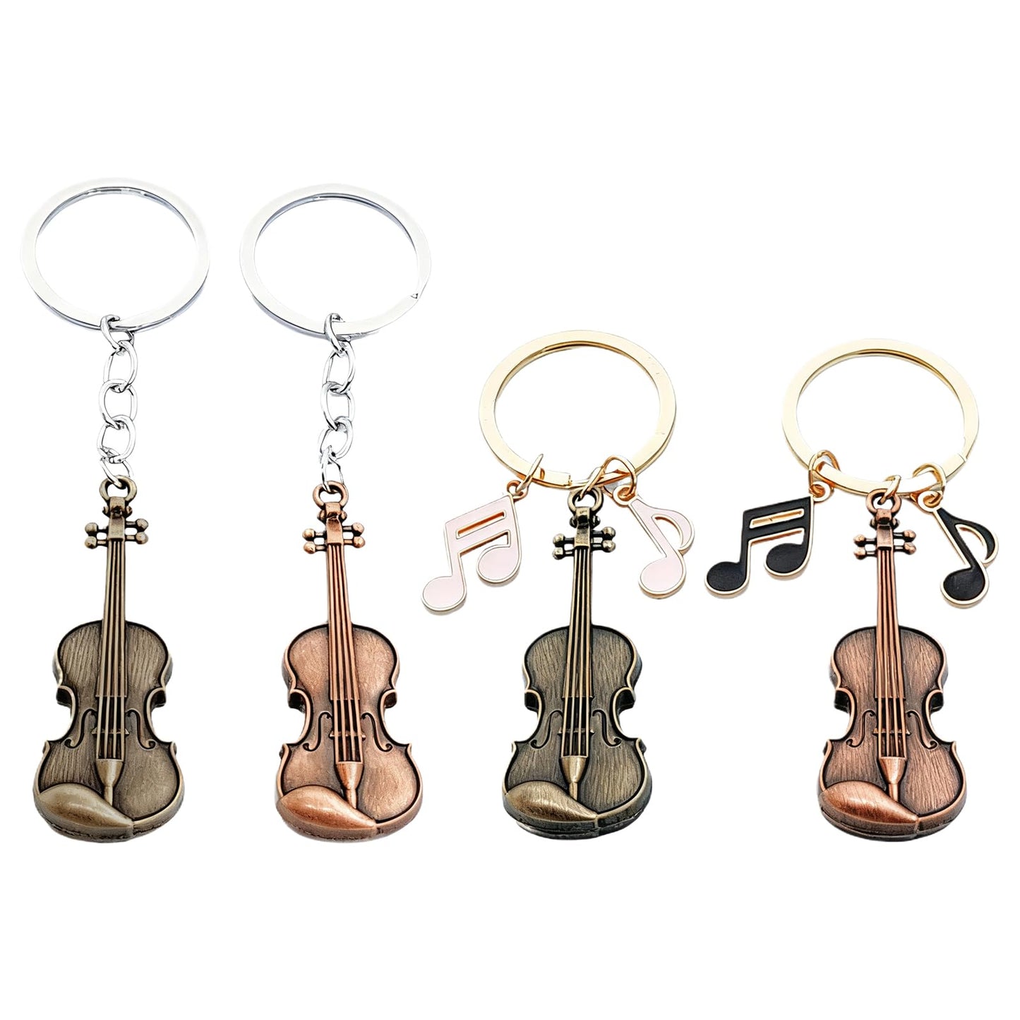 Zinc Alloy Violin Keychain, Weathered Charm in Bronze and Red Copper, Pocket-Sized Tiny Violin Keyring with Musical Notes - 4-Piece Set, Artistic Decor for Music Lovers