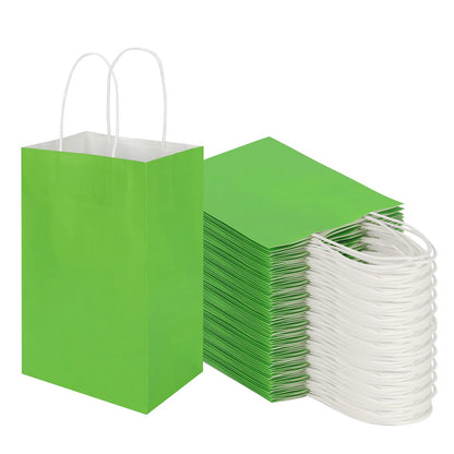 100 Pack 5.25x3.25x8.25 Inch Small Grass Green Kraft Paper Bags with Handles Bulk, Toovip Gift Wrap Bags for Favor Grocery Retail Party Birthday Shopping Business Goody Craft Merchandise Takeout Sacks