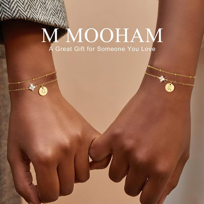 M MOOHAM Initial Bracelets for Women Gifts - Dainty Four Leaf Clover Bracelet for Women Trendy Personalized Initial Bracelet for Teen Girls Jewelry Gifts