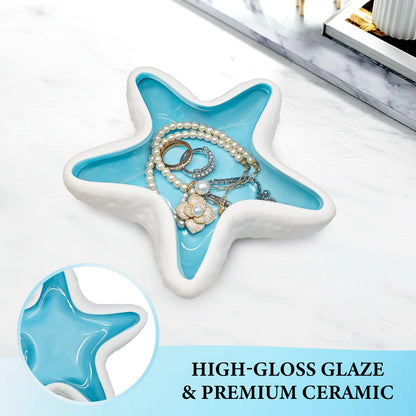 Starfish Jewelry Dish Ceramic Trinket Tray - Ocean Themed Ring Holder for Earrings, Necklaces, Beach & Bathroom Organizer with Glossy Glaze, Coastal Room Decor Gift for Women
