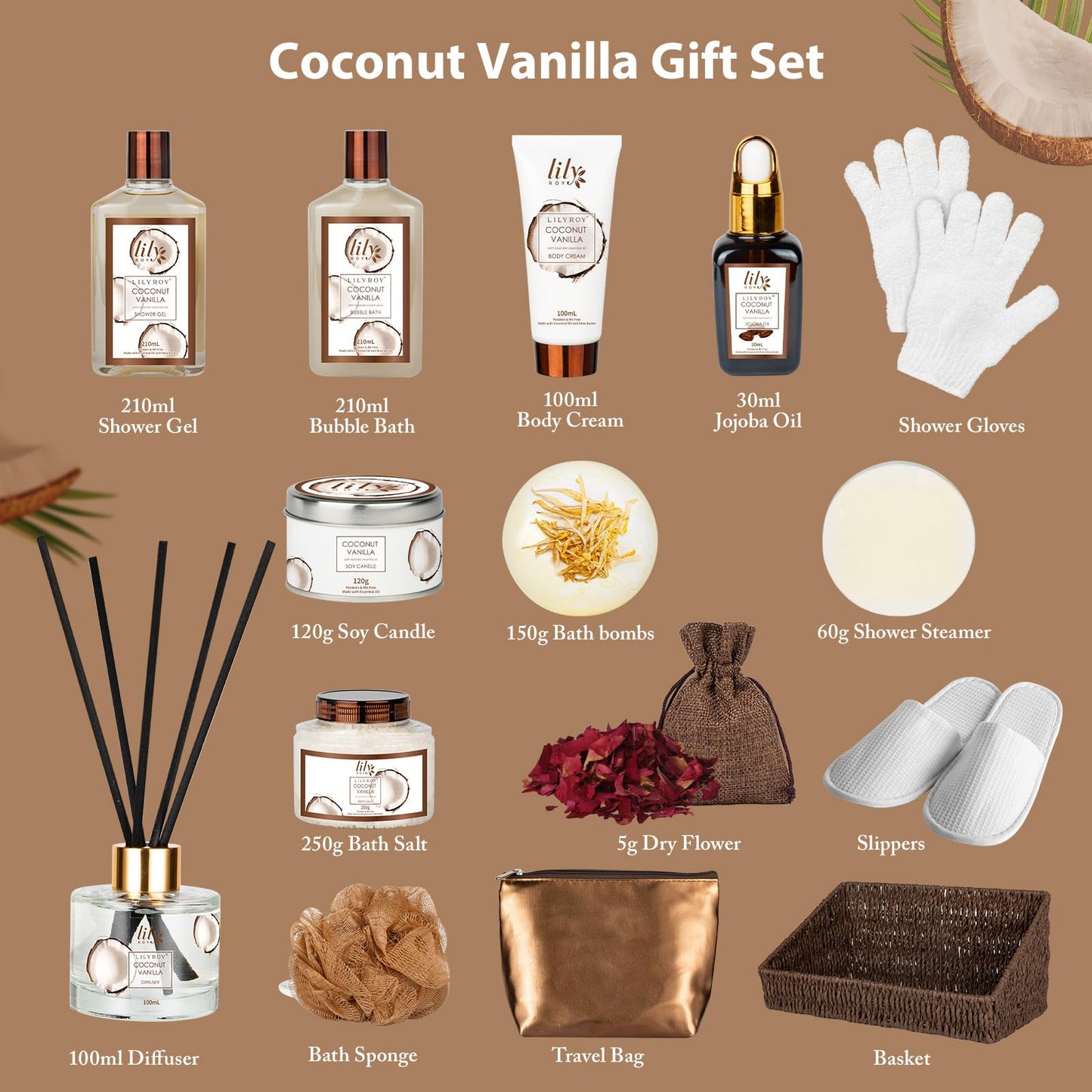 Gifts for Women & Men, Coconut Vanilla Birthday Gift Basket, Spa Gift Basket for Women, Bath and Body Spa Gifts for Mom & Dad, Spa Gift Set Designed for Fathers Day, Mothers Day, Christmas Gifts