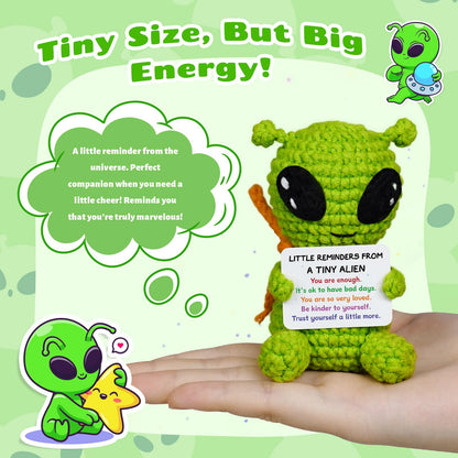Funny Positive Crochet Alien, Birthday Gifts for Women Men, Cute Gag Handmade Emotional Support Alien Plush Decor, Unique Graduation Inspirational Gifts for Him Her Son Coworker Friend