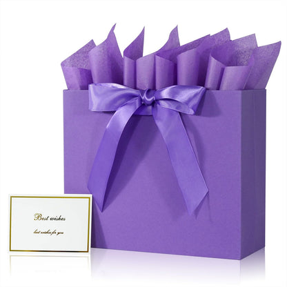 Elegant Purple Gift Bag 11.8"x4.5"x9.8" with Ribbons Handles, Includes Card and Tissue for Weddings, Birthdays, Baby Shower Parties, Holidays