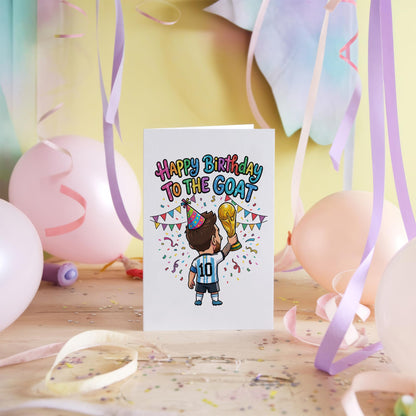 Mes.Si Birthday Card - Happy To The Goat Greeting - Argentina Football Soccer Fan Gift - World Cup Champion Trophy Illustration - Sports Legend Stationery