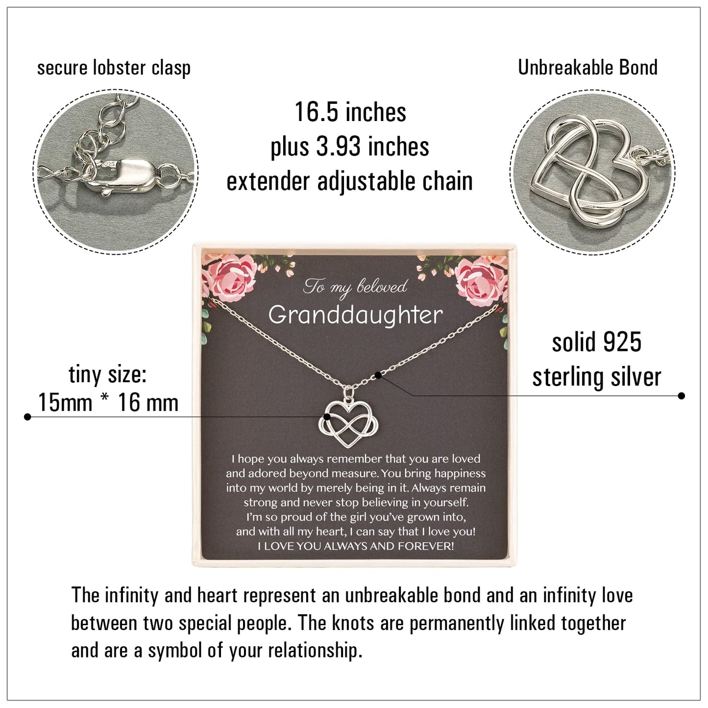 RareLove Granddaughter Necklace,Granddaughter Gifts from Grandma,925 Sterling Silver Tiny Infinity Heart Necklaces for Granddaughter,Birthday gift,Graduation Gift
