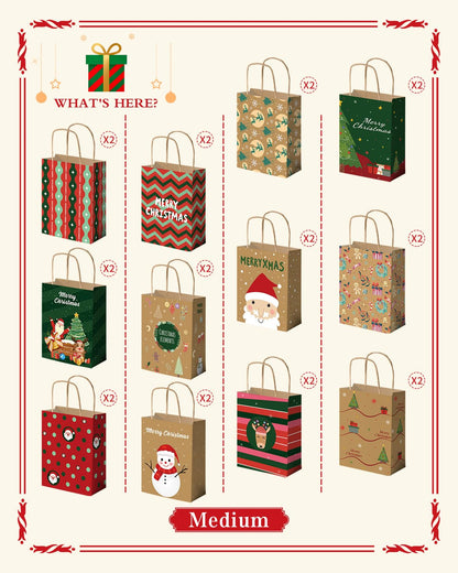 Bolthy Mid 24PCS Christmas Gift Bags 8" L × 4.25" W × 10.5" H - 12 Assorted Designs Kraft Paper Gift Bags, Eco-Friendly Durable Sac Cadeau for Holidays, Party Favors & Decorative Packaging