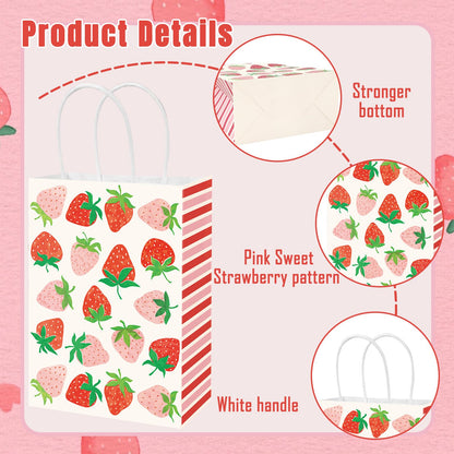 JarThenaAMCS 24 Pcs Strawberry Paper Gift Bags with Handle Pink Red Berry Sweet Party Favor Bags Goodie Candy Treat Bag for Wedding Baby Bridal Shower Party Favor Supplies, 2 Design