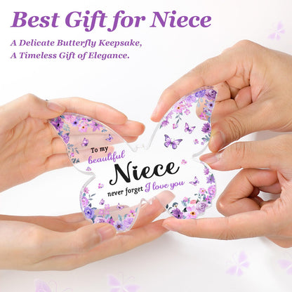 Niece Gifts from Auntie Aunt Uncle - Unique Purple Butterfly Acrylic Plaque Desk Decor - Mothers Day Christmas Valentines Day Graduation Gift for Niece - 5 x 3.8 x 0.5 inches