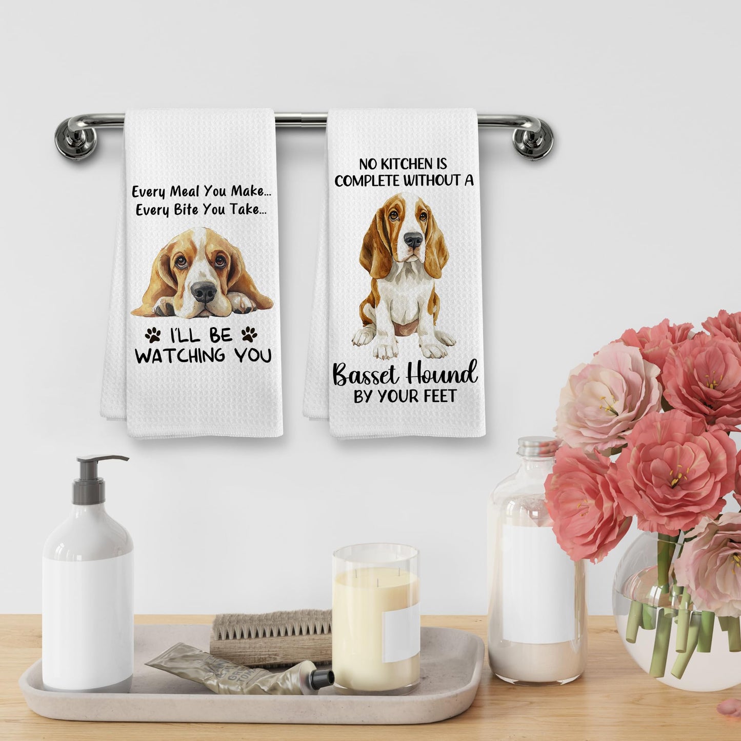 Funny Bassett Basset Hound Dog Mom Kitchen Towels Decor Gifts for Women Men Kids, Bassett Basset Hound Dog Decor Ornament Accessories Dish Hand Tea Towels Sets of 2 for Kitchen, 16x24 Inch