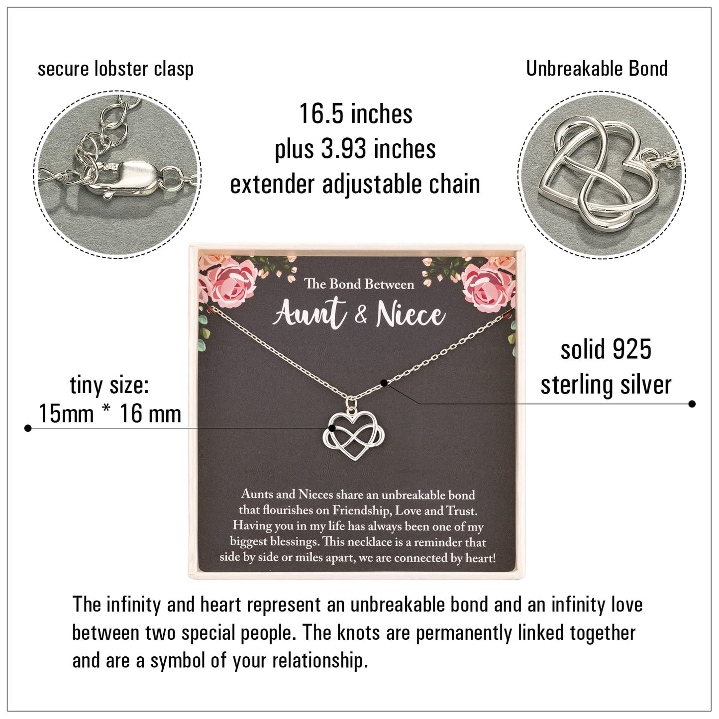 RareLove Aunt Gifts - Niece Gifts from Auntie 925 Sterling Silver Tiny Infinity Heart Necklaces for Women,Aunt Niece Necklace