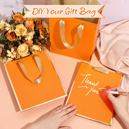 Yeaqee 24 Pack Metallic Paper Gift Bags with Handle and Tissue 9x7x3.1 Gold Foil Welcome Thank You Favor Bags Return Gifts for Wedding Graduation Bridesmaid Groomsmen Birthday(Orange, Gold)