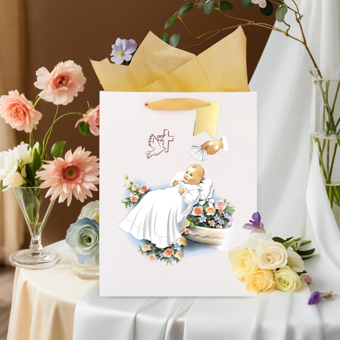 reviamz White Gift Bag Holy Spirit Design with Tissue Paper for Baby Boy and Girl Baptisms,Christenings,Baby Shower,First Communions Dedication Gifts for Religious Catholic Occasion- 10" x 5" x 13"