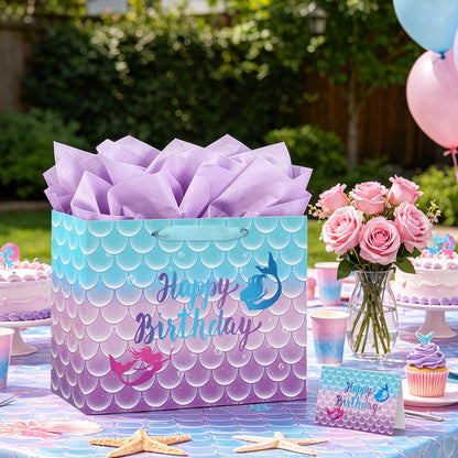 Yusenguan 16.5" Extra Large Mermaid Happy Birthday Gift Bag Set with Tissue Paper, Greeting Card and Handles, Perfect for Kids and Girls’ Birthday Parties