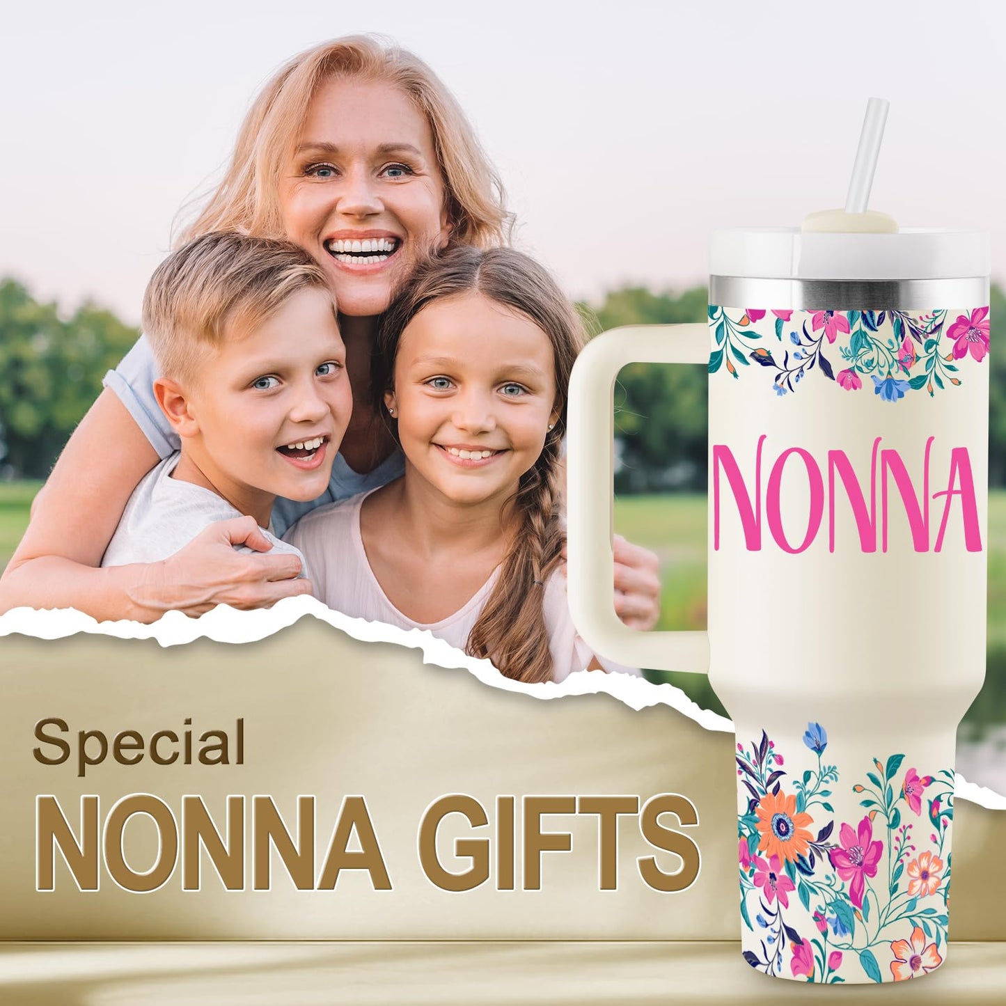 ROSTANTEN Nonna Gifts Nonna Birthday Gifts for Nonna Best Nonna Gift from Grandkids for Mothers Day Christmas 40oz Travel Cup Insulated Tumbler with Lid & Straw