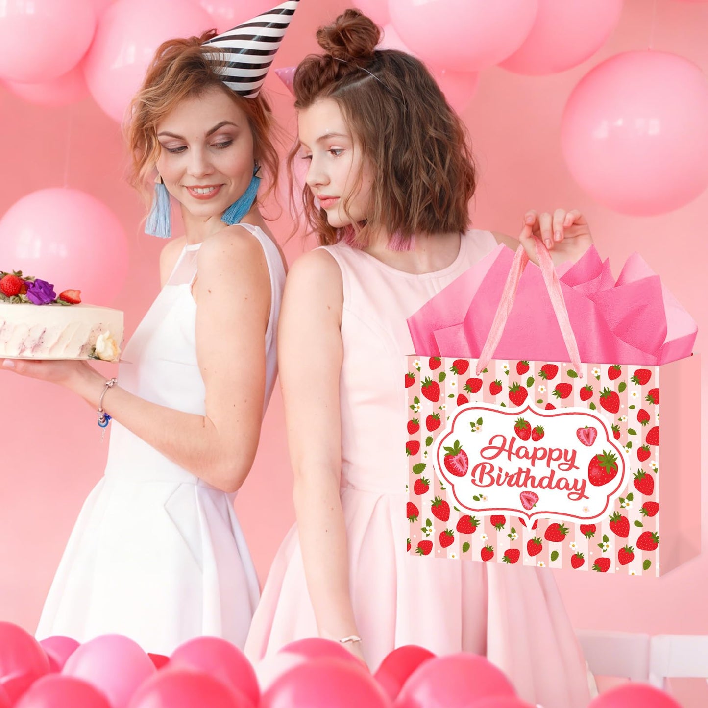 Hooqict Large Strawberry Birthday Gift Bag Pink Happy Birthday Gift Wrapping Bag with Handles, Tissue Paper, Greeting Card for Girls Kids Women Sweet Strawberry Party Decorations Supplies