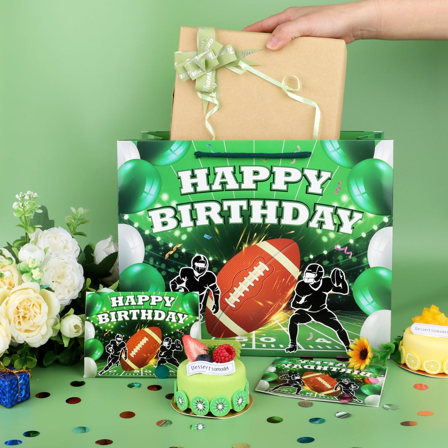 Hooqict Football Gift Bag Football Birthday Party Gift Wrapping Bag with Tissue Paper and Greeting Card for Boys Men Sport Birthday Football Bag Goodie Treat Party Favors