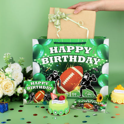 Hooqict Football Gift Bag Football Birthday Party Gift Wrapping Bag with Tissue Paper and Greeting Card for Boys Men Sport Birthday Football Bag Goodie Treat Party Favors