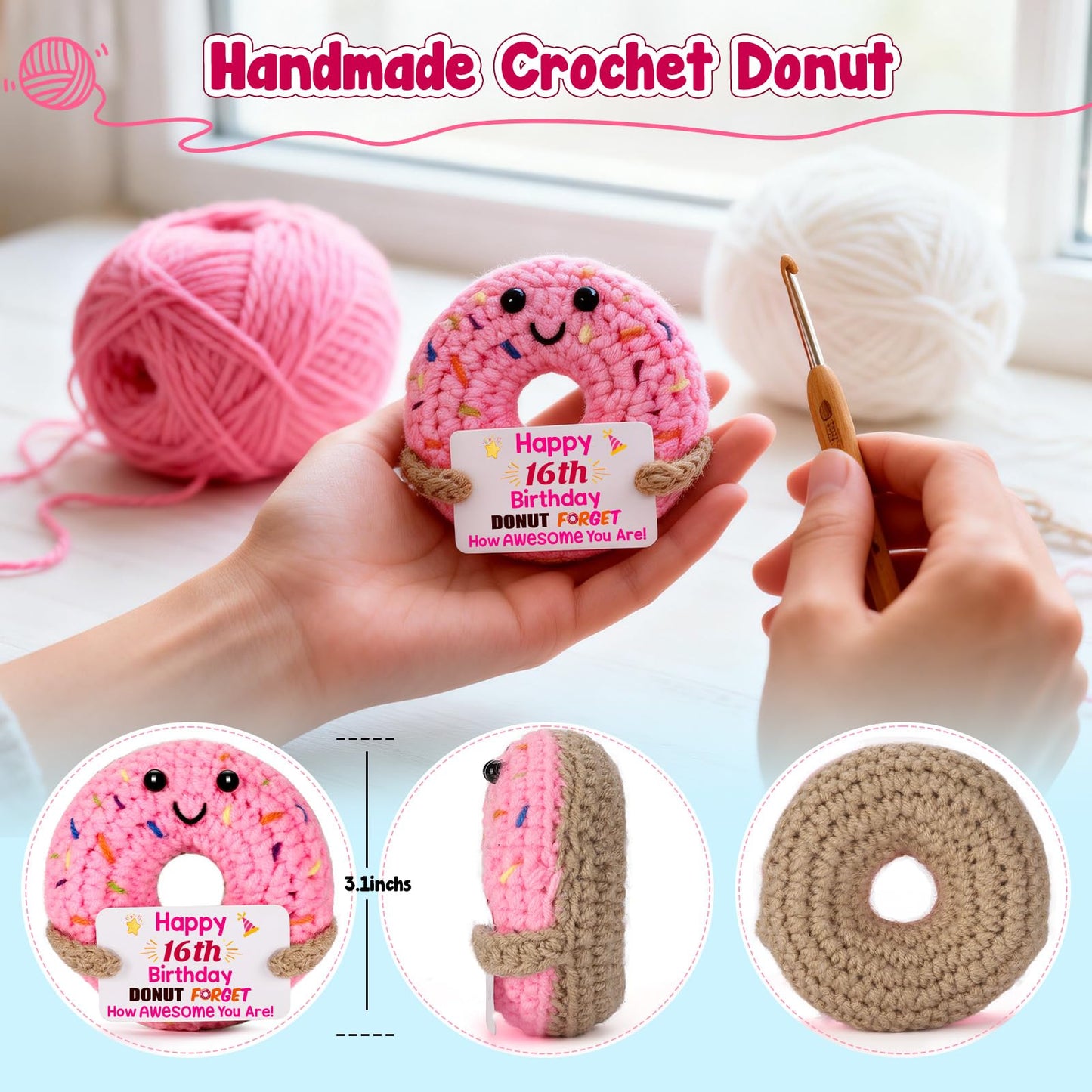 BuiltFit Sweet 16 Birthday Gifts - 16th Sixteen Year Old Gifts for Girls Boys, Cute Crochet Donut Happy 16 th Bday Party Favors Decorations New Driver Present for Teens Daughter Granddaughter