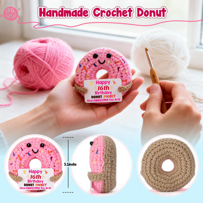 BuiltFit Sweet 16 Birthday Gifts - 16th Sixteen Year Old Gifts for Girls Boys, Cute Crochet Donut Happy 16 th Bday Party Favors Decorations New Driver Present for Teens Daughter Granddaughter