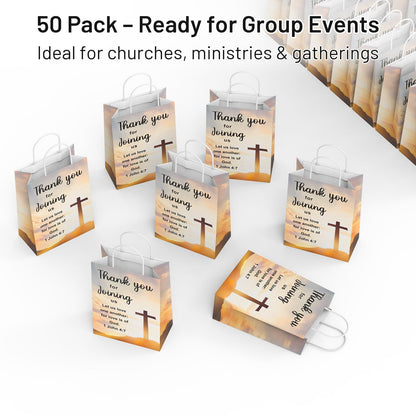 QIELSER Christian Thank You Gift Bags 50 Pack, Welcome to Our Church Paper Bags with Handles, Religious Cross & Bible Verse, Church Favor Bags for Baptism, VBS, Easter