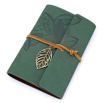 EvZ 5 Inch Mini Vintage Leather Journal, Pocket Size Refillable Loose Leaf Notebook, Retro Dark Green PU Cover with Metal Leaf Pendant, Blank Kraft Paper Small Travel Diary & Sketchbook