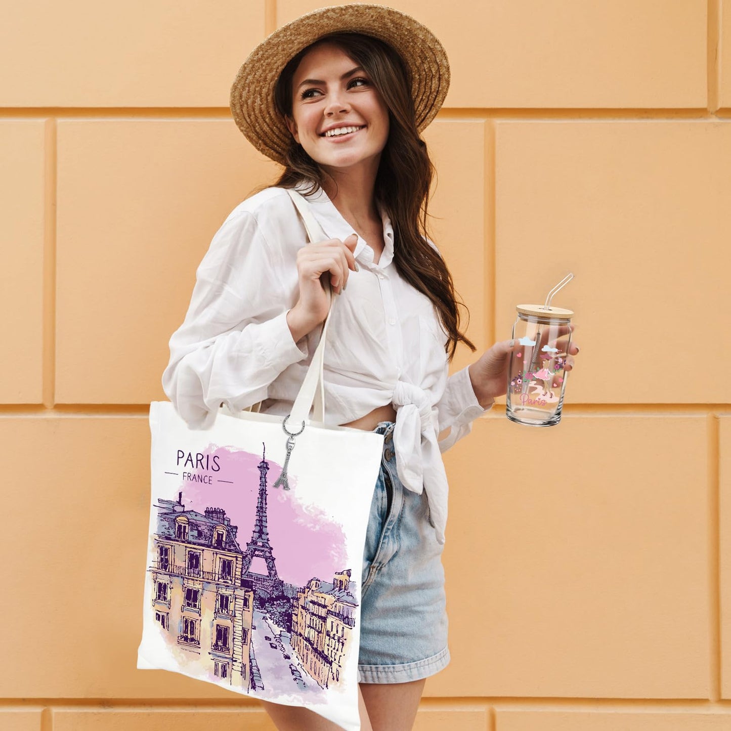 Chuangdi 4 Pcs Paris Souvenirs Gifts Set France Travel Canvas Bag Cosmetic Bag 16 oz Tumbler and Keychain Paris City for Traveler Friend Lover Sister Gifts