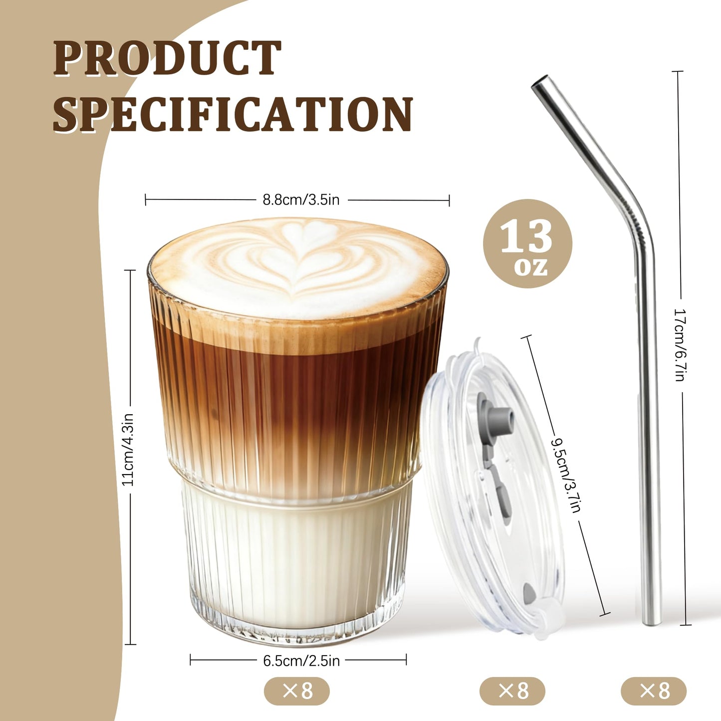 8 Packs Ribbed Glass Tumbler with Lid and Straw Ice Coffee Cup Kitchen Gadgets First Apartment Essentials New Home Must Haves Things Stuff Accessories House Warming Housewarming Hostess Host Gift