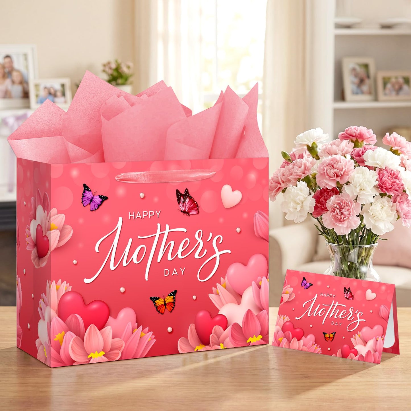 Aysimple Large Happy Mother's Day Paper Gift Bag with Wrapping Paper and Greeting Card 13" Butterfly Flowers Design Large Gift Bag Red Heart Party Bags for Happy Mothers Day Party Supplies