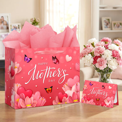 Aysimple Large Happy Mother's Day Paper Gift Bag with Wrapping Paper and Greeting Card 13" Butterfly Flowers Design Large Gift Bag Red Heart Party Bags for Happy Mothers Day Party Supplies