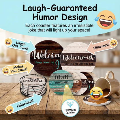 Funny Coasters - House Warming Gifts New Home - Housewarming Gifts for Women, Men, Couple, New Homeowner - Farmhouse Bar Coasters for Drinks with Holder - First Apartment Essentials