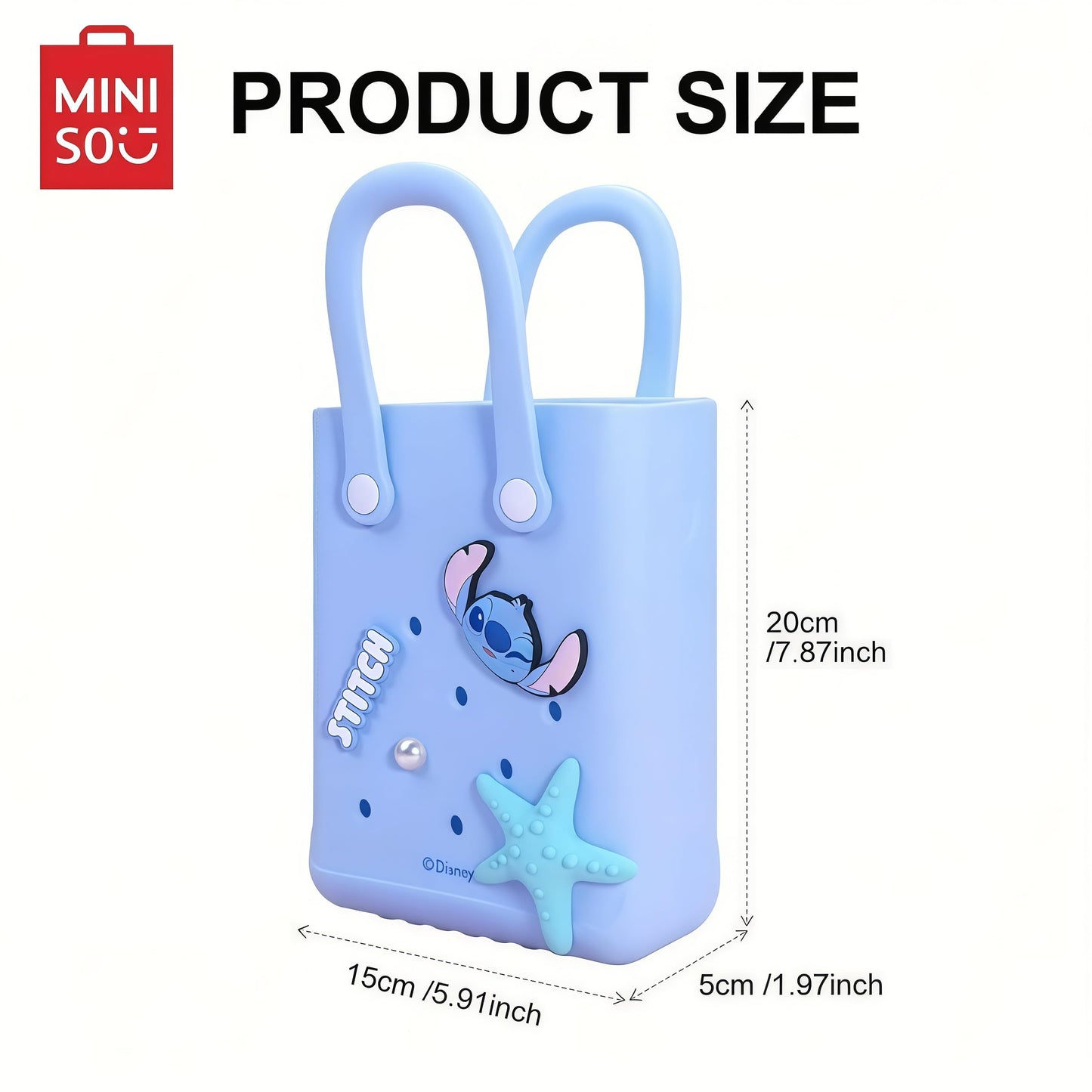 MINISO Disney Lilo & Stitch Series EVA Tote Bag, Light Blue, Stitch Character Theme, Decorative Starfish and Pearl Accents
