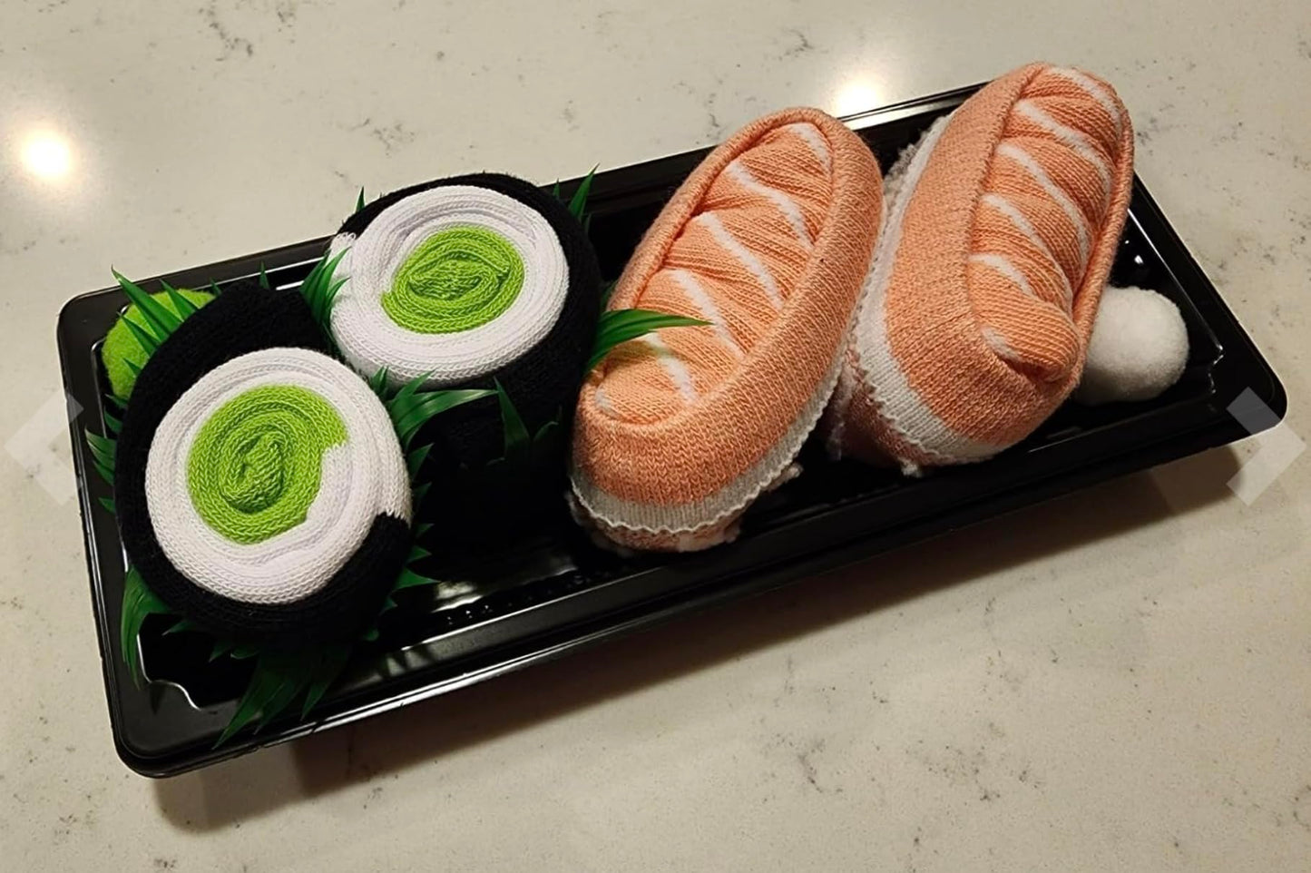 Sushi Socks Box: 2 pairs featuring Salmon Nigiri and Cucumber Maki designs. So cute and comfy! Stretchy, and unisex.