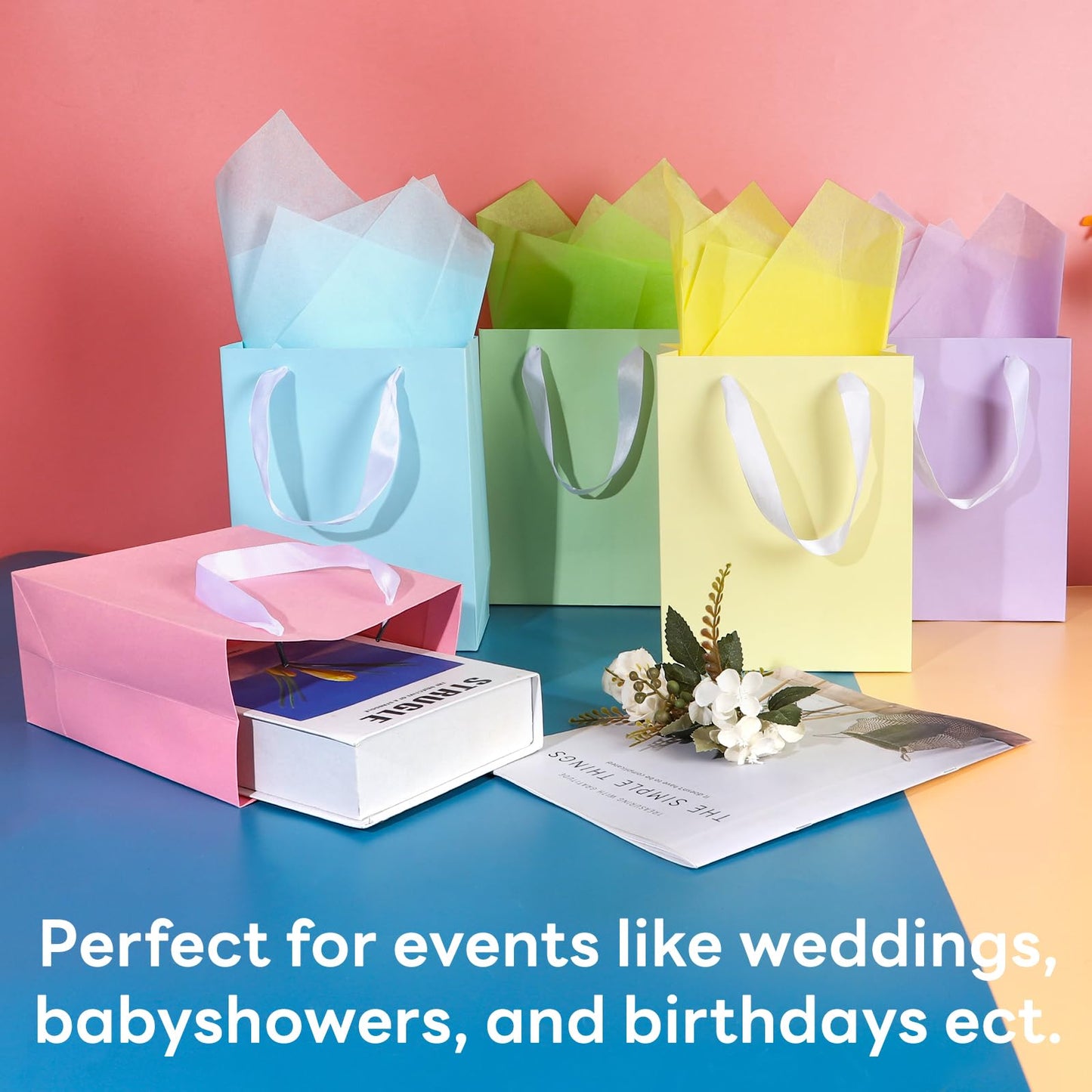 MOXARYSU 5 Pcs Small Medium Gift Bags With Handles: 7x4x9 Pastel Kraft Paper Bags With 10 Tissues For Party, Birthday,Baby Shower,Wedding（Soft Color）