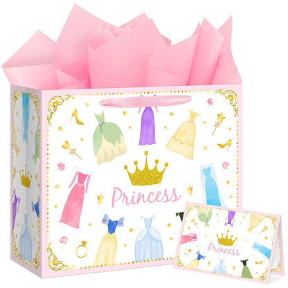 Reyoust 13” Large Princess Themed Gift Bags With Handles and Pink Wrapping Paper Greeting Card Crown Dress Design Gift Bag for Girls Birthday Party Baby shower Decor 1Pcs 13" L x 10.2" H x 4.9" W