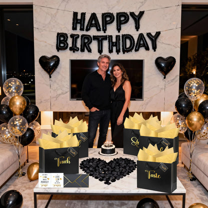 5 Senses Gift Bags for Him Her with Labels Birthday Decorations, Gold Foil Five Senses Gift Bags with Handle Tissue Paper Balloon Envelopes Cards Rose Petals Party Decor 13" x 10" x 5" Inches (Black)