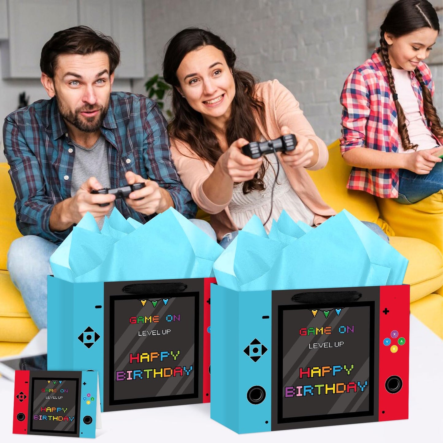 Abilat Large Video Game Birthday Gift Bag with Tissue Paper and Greeting Card Happy Birthday Gift Wrapping Bag for Boys Kids Gaming Theme Game Night Party Decorations
