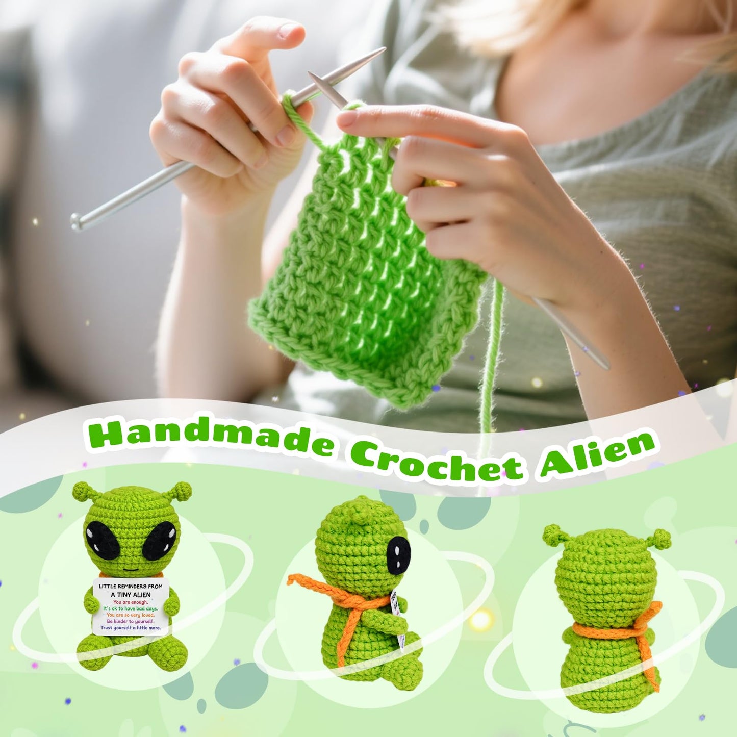 Funny Positive Crochet Alien, Birthday Gifts for Women Men, Cute Gag Handmade Emotional Support Alien Plush Decor, Unique Graduation Inspirational Gifts for Him Her Son Coworker Friend