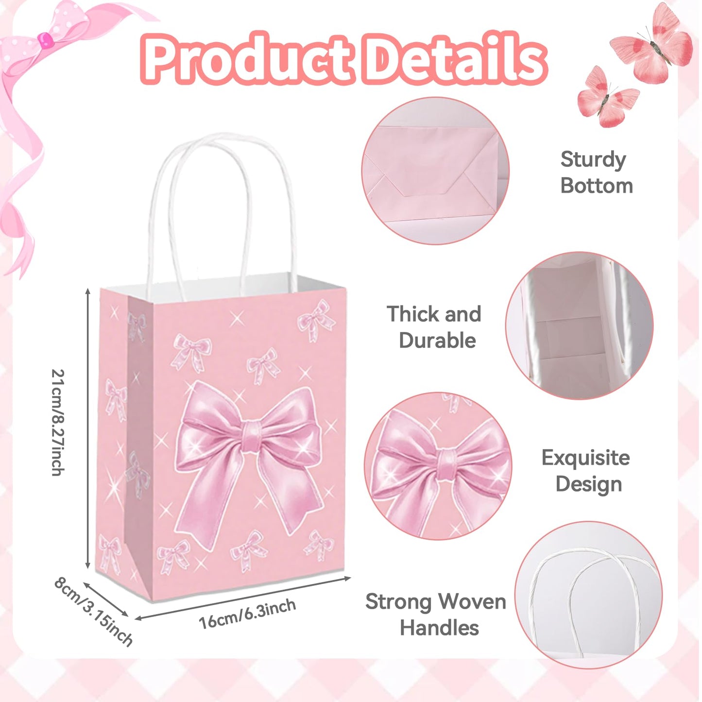 12pcs Pink Bow Gifts Bags with Handles, Small Gifts Bags Medium Size for Birthday Baby Shower Bachelorette, Pink Goodie Pouch for Candy Favors Treats Coquette Paper Pouch Party Supplies