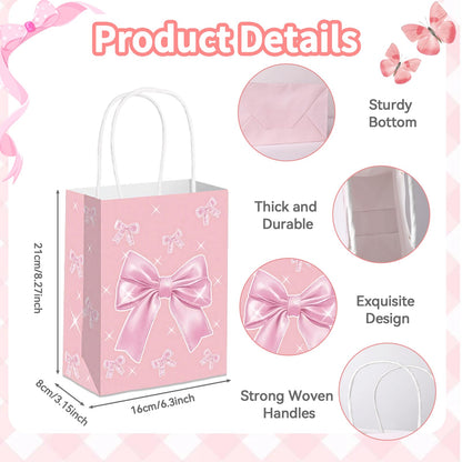 12pcs Pink Bow Gifts Bags with Handles, Small Gifts Bags Medium Size for Birthday Baby Shower Bachelorette, Pink Goodie Pouch for Candy Favors Treats Coquette Paper Pouch Party Supplies