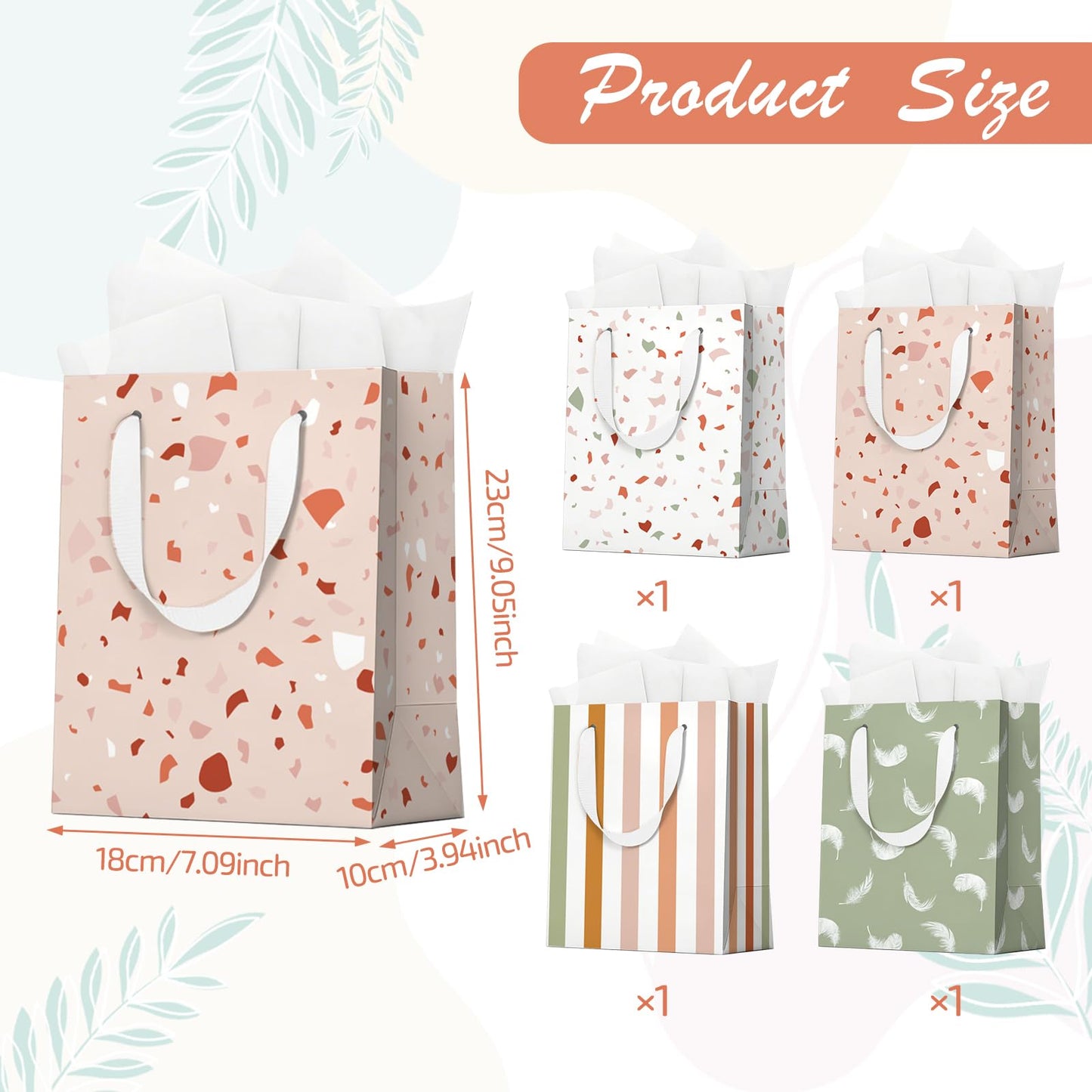 Beautiful Gift Bags Set of 4, Small Birthday Gift Bag with Ribbon Handle Matching Tissue Paper for Men Women Birthday Baby Shower Weddings Mothers Day Party Favor Holiday Presents-7" X 4" X 9"