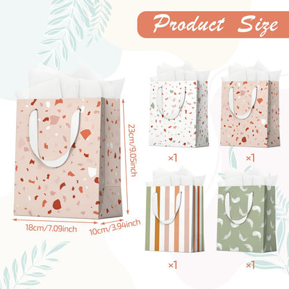 Beautiful Gift Bags Set of 4, Small Birthday Gift Bag with Ribbon Handle Matching Tissue Paper for Men Women Birthday Baby Shower Weddings Mothers Day Party Favor Holiday Presents-7" X 4" X 9"
