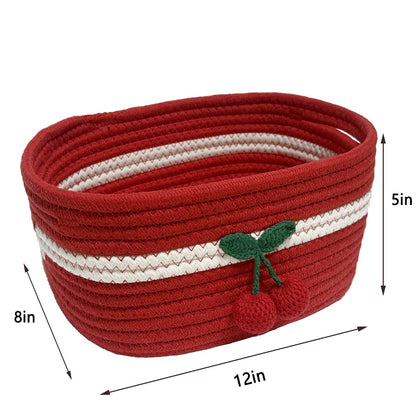 SHIANCE&LI Small Woven Basket Cute Cotton Rope with Handles Gift Oval For Storage Baby Dog Toy Room Basket 12"x 8" x 5" Decorative Basket(Cherry,S)