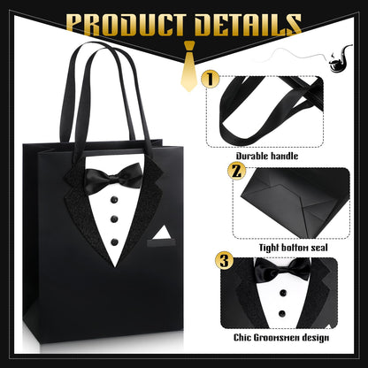 Chuangdi 8 Pcs Groomsmen Gift Bags with 3D Tuxedo Design 8 x 4.5 x 10 Inch with Handle Groomsmen Paper Gift Bags for Wedding Bachelor Birthday Party Favor Anniversary Supplies (Black)