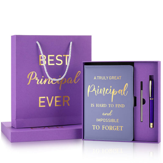 Hungdao 3 Pcs Best Principal Appreciation Gifts for Men Women A5 Leather Journal Principal Notebook with Ballpoint Pen Bags Box for Educator Retirement Birthday Teacher Coworker(Purple)
