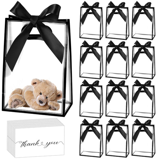 GAWBYET 24 Pcs Clear Plastic Gift Bags with Handles, Reusable Party Favor Bags With ribbons and cards for Mother's Day, Birthday, Wedding,Bachelorette Party,(7 x 10 x 3.15 Inch)