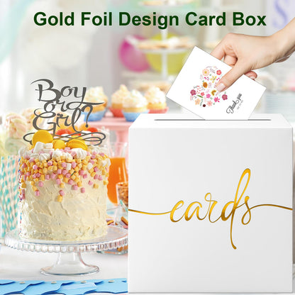 White Card Box with Gold Foil Design, Paperboard 8.7" Card Box for Birthday Wedding Party Graduation Retirement Anniversary Valentine's Day & Baby Showers, Raffle or Money Box
